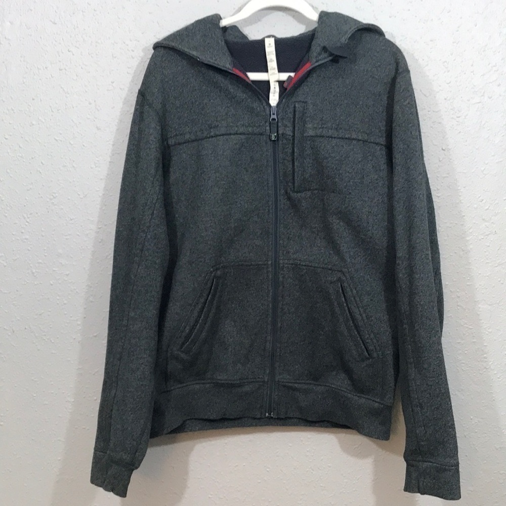 Lululemon Mens L Dark Heather Gray Full Zip Heavy Fleece Embroidered Hood Jacket